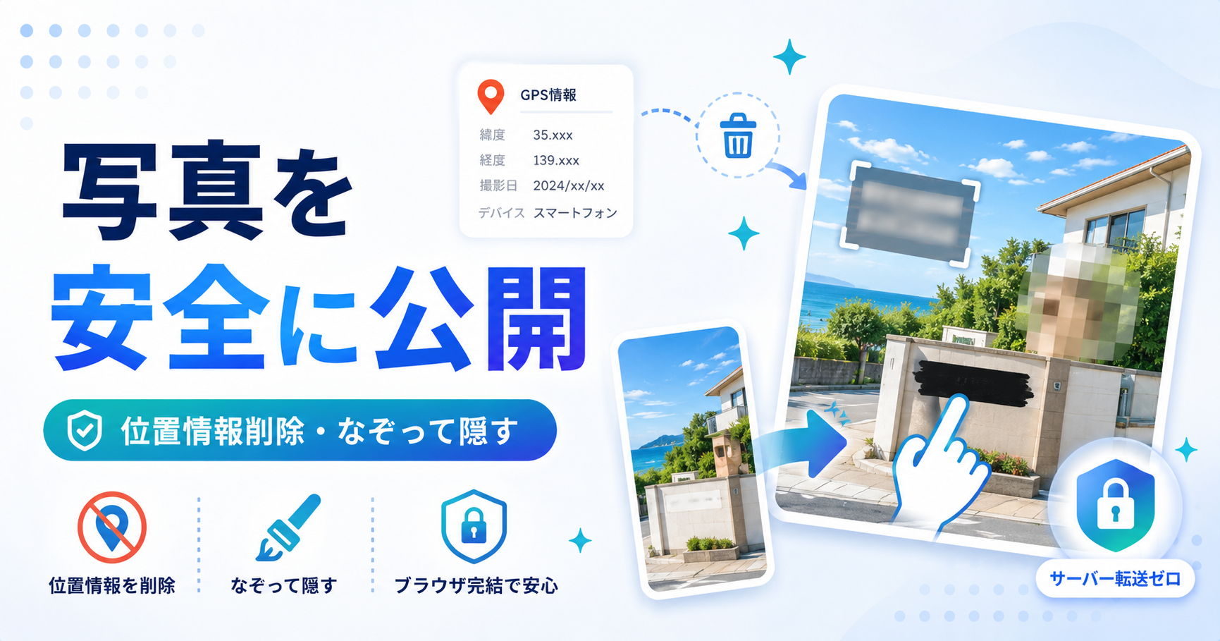 サーバー転送ゼロ。位置情報を消してなぞって隠す、究極のプライバシー保護ツール